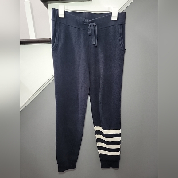 Monrow Sweatpants Small Blue Joggers White Stripes Cashmere Blend Comfort Warm - Picture 1 of 5